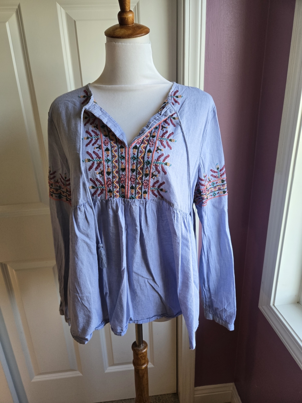 Ruff Hewn Light Blue Embroidered Peasant Blouse - Lg
